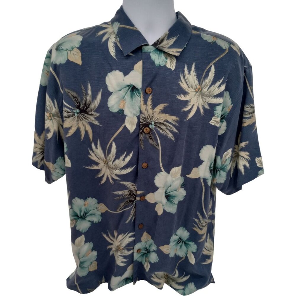 TOMMY BAHAMA Men's Blue Floral 100% Silk Hawaiian Shirt Medium All Over Print